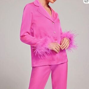 NADINE MERABI Vibrant Pink Feather Pantsuit